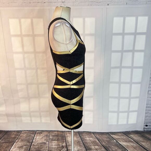 Bebe Addiction Cut Out Gold Metallic Bandage Bodycon Black Mini Dress Size S - Picture 4 of 10